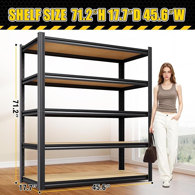 71.2"H-45.6"W Garage Shelving Heavy Duty Storage Shelves, Metal Adjustable Shelving Unit, Utility Garage Organizer Shelf for Basement, Pantry, Kitchen, Warehouse, 71.2"Hx45.6"Wx17.7"D, Black