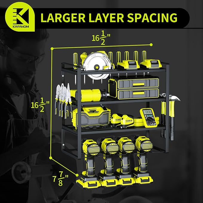 Power Tool Organizer,4 Layer Drill Holders Wall Mount,Heavy Duty Metal Organizers and Storage Rack for Garage Organization,Tools Shelves with Screwdriver Plier/Hammer Holder, Black