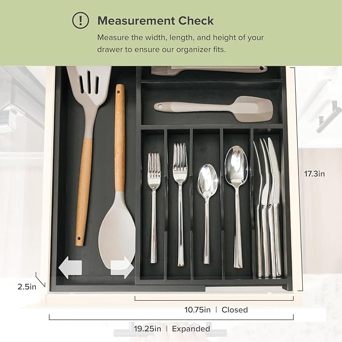 KitchenEdge Silverware & Utensil Drawer Organizer, 10.5-19 in, Black Bamboo | Cutlery, flatware, food-safe contract grade, kitchen drawer fit