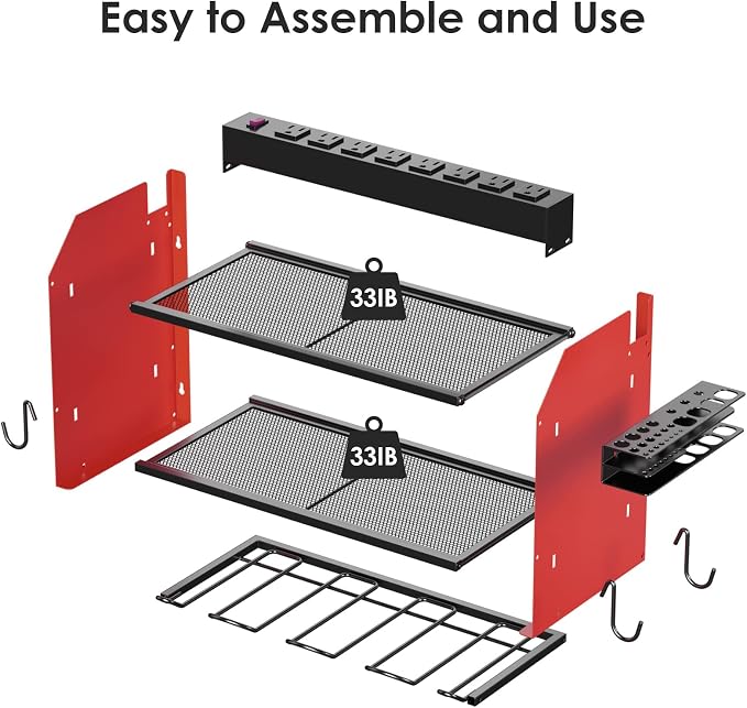 CCCEI Wall Mount Modular Tool Charging Organizer, Red, 1 Pack, 3 Tier. | Drill Battery Storage Rack with Hooks, Garage Workshop, Gifts for Men, Dad, Husband Anniversary, Birthday, Christmas