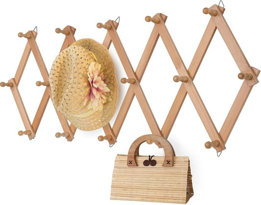 SCUNDA Wall Rack with 16 Hooks, Wooden Wall Expandable Coat Rack for Coat, Hats, Baseball Caps, Coffee Mug, Jewelry(Natural)