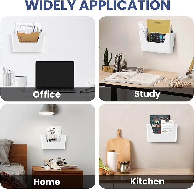 JOMOLA No Drilling File Holder 2 Pack Mail Organizer Wall Mount File Organizer Holder Office Wall Hanging Files Magazines Organizer Plastic Door Mount Wall Pocket with Adhesive Pad, White Color