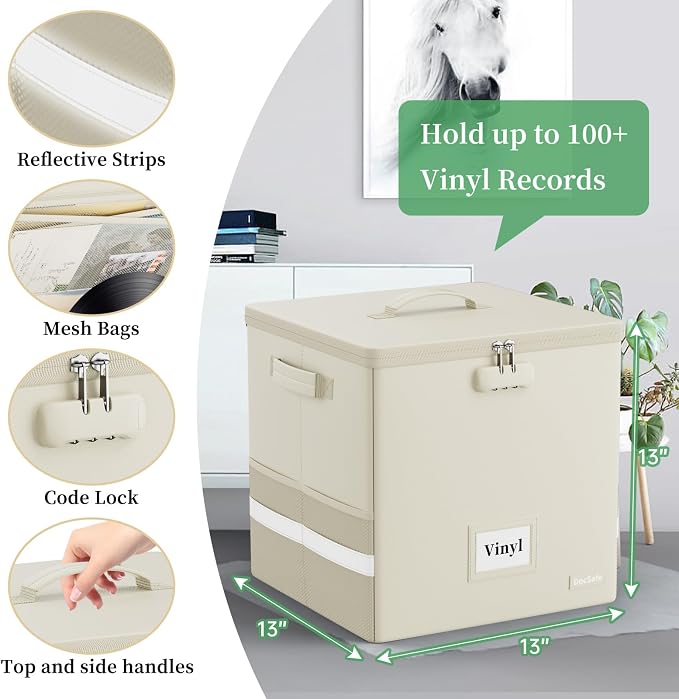 DocSafe Fireproof Vinyl Record Storage Box with Lock, Beige, 13"x13"x13" | Record Organizer for 100+ Single Records(12-inch),Collapsible,with Lid&Handles,Valuable Album Collection,Home&Travel Safe