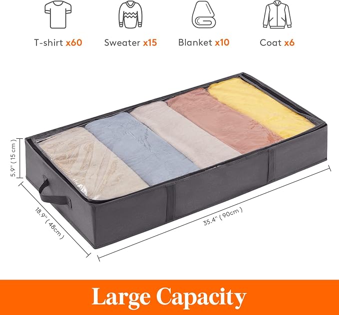 Lifewit 4 Pack UnderBed Storage Bags with Lid, Clothes Storage Boxes Foldable Under bed Storage Organizer with Reinforced Handle Thick Fabric Clear Window for Clothes Blankets Shoes, 65L, Grey