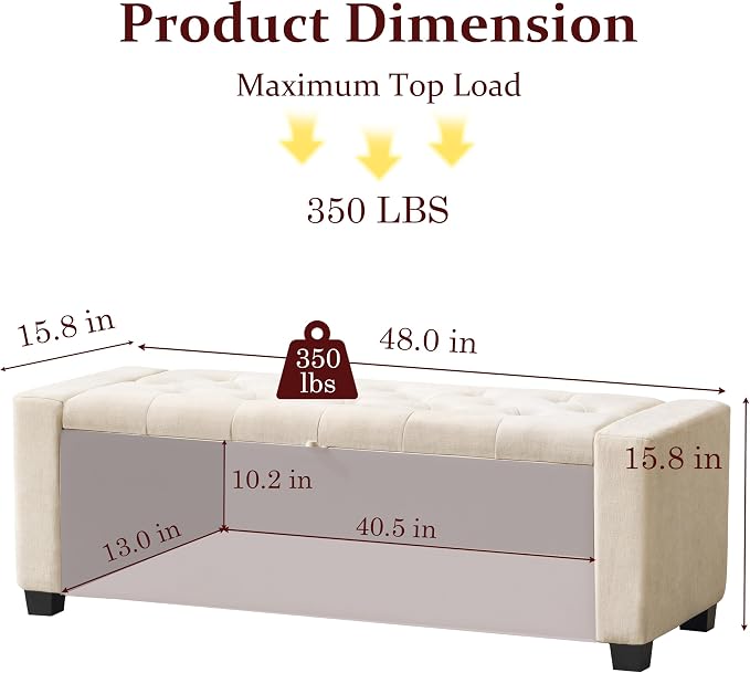 Royal Windsor 48" Ottoman with Storage,Tufted Storage Bench with Safety Hinge,Holds up to 350 lb,Upholstered Bench with Seating for Bedroom,Living Room,Entryway,Linen Beige