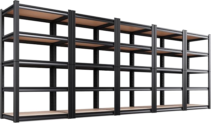 5 Pack Garage Shelving Heavy Duty 5T Storage Shelves, Metal Adjustable Shelving Unit, Utility Garage Organizer Shelf for Basement, Pantry, Kitchen, Warehouse, 71.2" Hx28 Wx12 D, Black