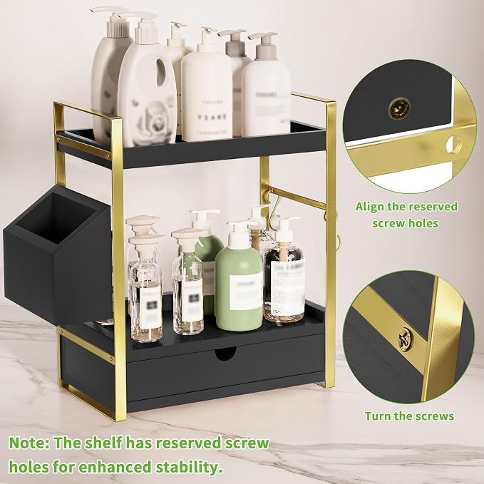 2-Tier Bathroom Counter Organizer, Wooden Vanity Shelf with Drawer & Basket | Pre-Drilled Holes, Skincare & Makeup Countertop Organizer and storage, Black-gold