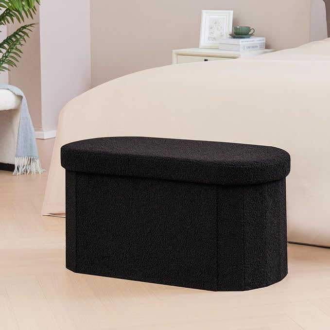 PINPLUS Storage Ottoman Bench Tufted Oval Ottomans Bench Foot Rest, Boulce Bench with Storage 30"x15"x15" (Black)