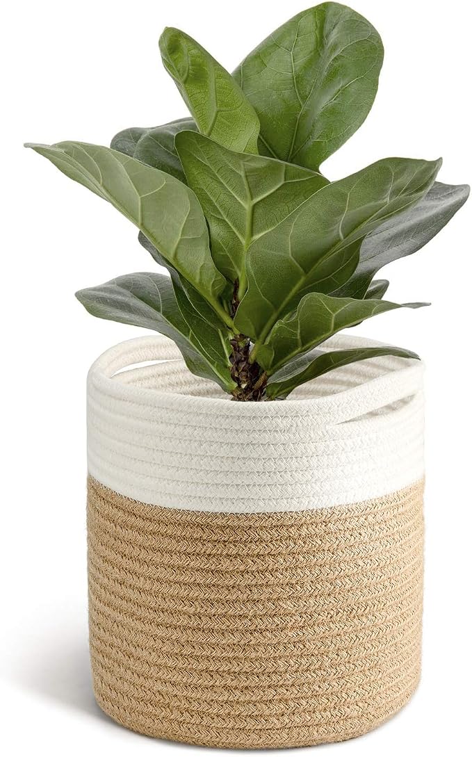 TIMEYARD Rope Plant Basket, Planter for Indoor Plants, Jute Mixed White | 8" x 8" Storage Organizer Basket Rustic Home Decor, Rope Planter, Woven Pot for Indoor Plants