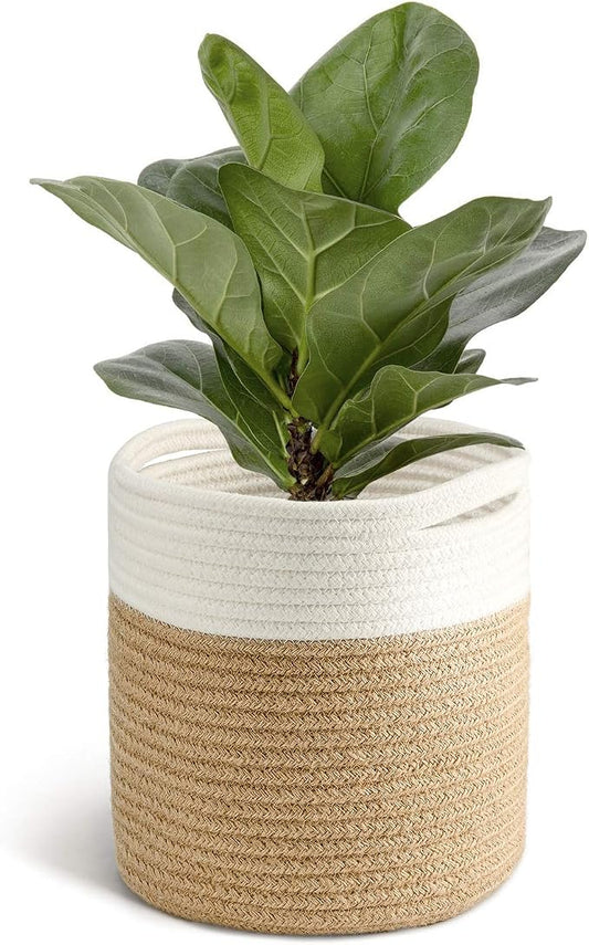 TIMEYARD Rope Plant Basket, Planter for Indoor Plants, Jute Mixed White | 8" x 8" Storage Organizer Basket Rustic Home Decor, Rope Planter, Woven Pot for Indoor Plants