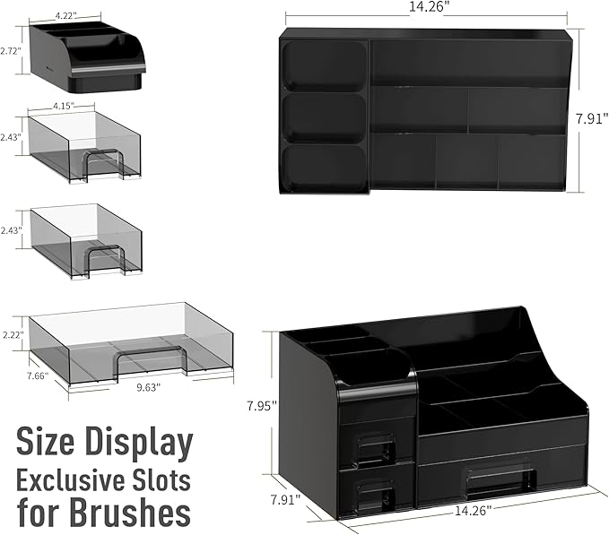 Extra Large Makeup Organizer for Vanity,Countertop Organizer with Drawers and Brush Holder,Men’s Cologne Organizer for Bathroom,Cosmetic Skin Storage for Lipsticks,Nail Polish & Shaving Lotion,Black
