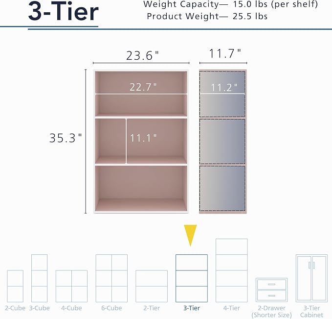 Homes: Inside + Out Apexa 3-Tier Cube Storage Organizer Shelves, Stackable Wood Bookcase Fits Cubby Bins for Organization, Dorm Teen Room Decor & Home Office, Light Pink
