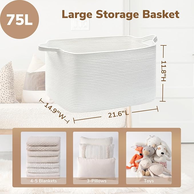 Goodpick Large Cotton Rope Blanket Basket, Rectangle, White | 21.6 x 14.9 x 11.8 in, Reinforced Handles, Living Room, Bedroom & Nursery Organization, Blankets, Toys & Bedding Storage