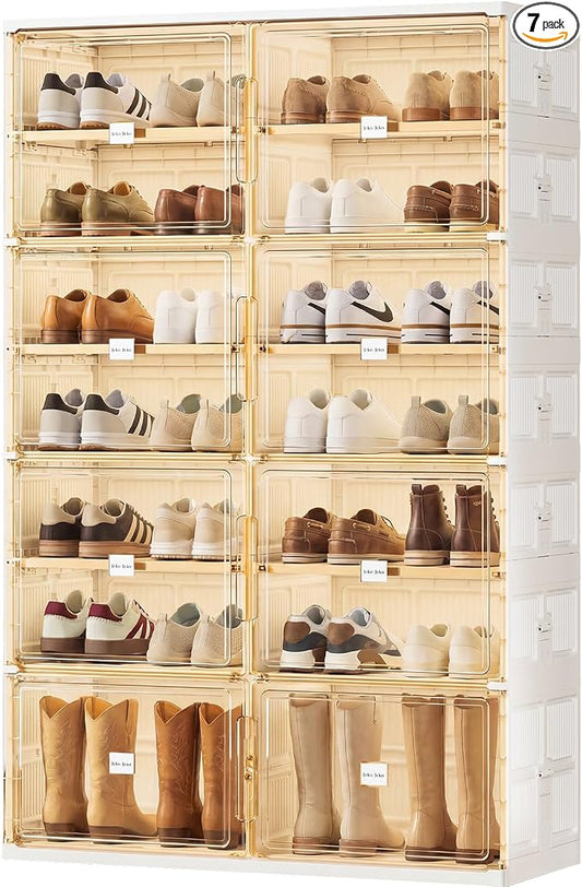JEKO&JEKO 7 Tiers Foldable Boot and Shoe Storage Rack Cabinet for Closet Entryway, Large Collapsible Shoe Organizer with Magnetic Doors (White)