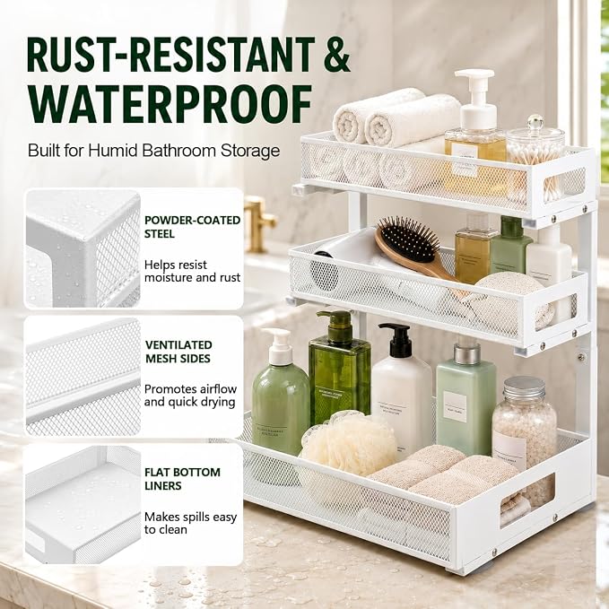 3 Tier Under Sink Organizer,2 Pack Pull Out Cabinet Shelves with Adjustable Height,Heavy Duty Carbon Steel L-Shaped Storage for Kitchen Bathroom Sink,Pantry & Laundry,White