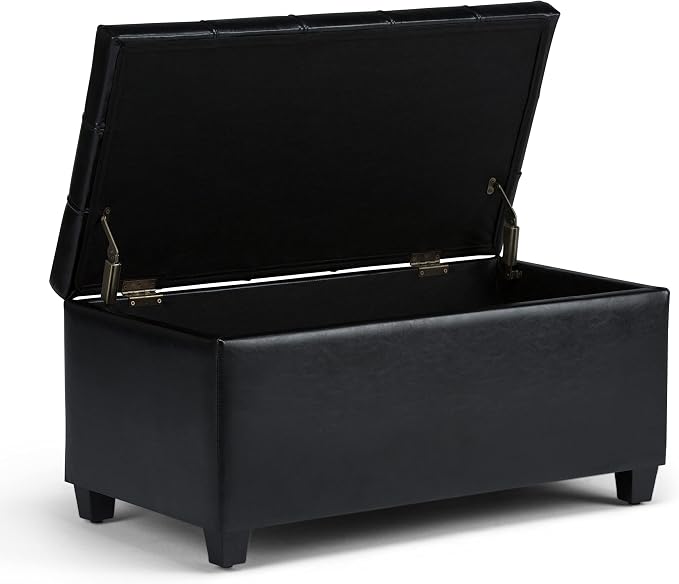 SIMPLIHOME Avalon 35" Wide Velvet Square Storage Ottoman in Blue | Transitional ottoman with tufting and lift-up lid; rectangle storage bench for living room or entryway.