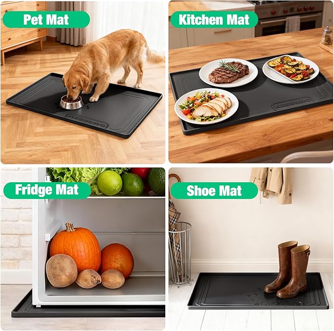 Under Sink Mat 31 X 22, Waterproof Silicone Cabinet Kitchen Liner, Black | Raised-Edge Cabinet Protector & Leak Tray for Bathroom Cabinets, Boots, Pet Feeding Mats, Dog & Cat Bowls, Dishwasher Safe