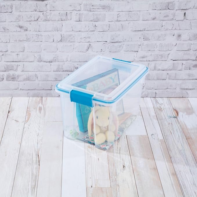 Sterilite Gasket Storage Box with Lids for Home & Office, 20 Quart, 18-Pack | Heavy-Duty, Stackable, and Organizing Containers for Bathroom, Cabinet, Closet, and Garage, Clear and Blue Aquarium Latches