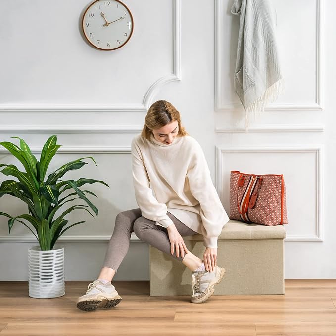 YOUDENOVA 30" Linen Ottoman with Storage, Folding Bench, Beige | Foldable linen ottoman with hidden storage, padded seat and sturdy frame for living room or bedroom.