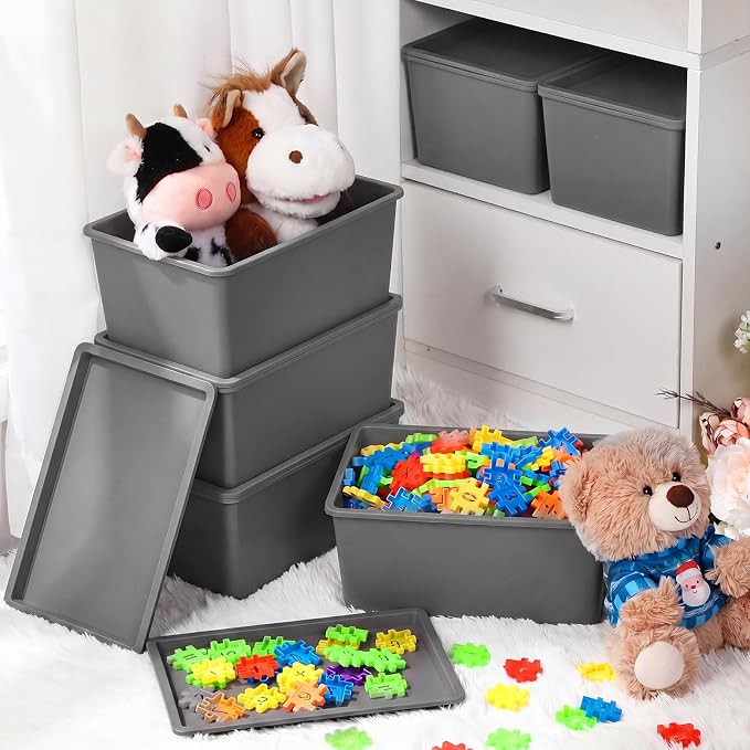 6 Pcs Storage Bins with Lids Small Plastic Storage Containers Stackable Storing Baskets Box Cute Organizer Bins for Organizing Shelves (Gray)
