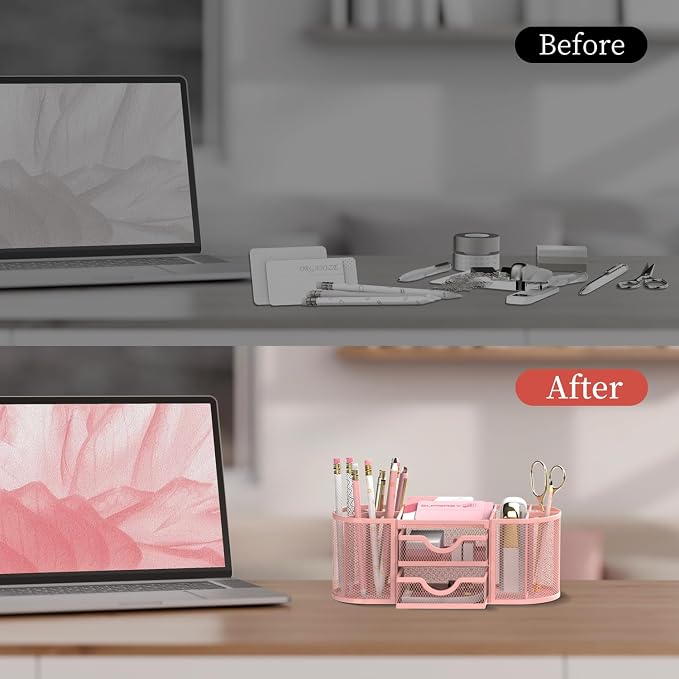 Mesh Desk Organizer, Desk Organizers and Accessories, Pen Holder with Drawers, Pencil Holder for Desk with 2 Drawer for Office Supplies, Pink