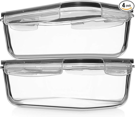 Razab 4 PC 1860ml / 63 Oz / 8 Cups Large Glass Food Storage Containers with Lids - Glass Meal Prep Containers for Roasting & Storing Leftover, Lunch Container with Lids, Microwave & Oven Safe
