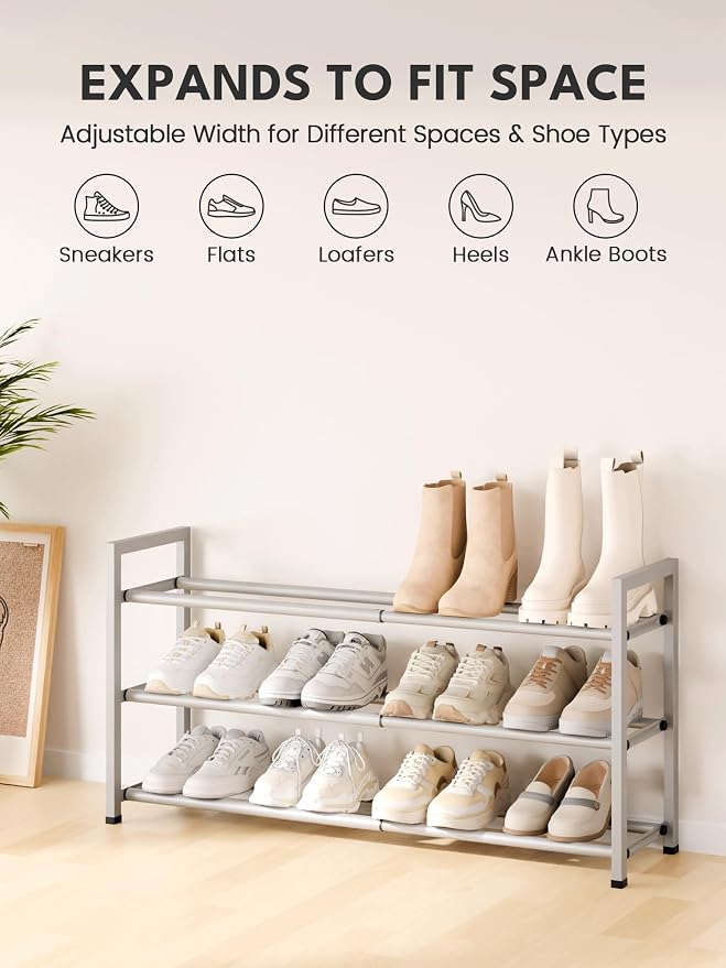 Bumusty 3 Tier Expandable Shoe Rack for Closet, Light Grey | 18"-33" Adjustable Shoe Rack for Entryway, Small Shoe Organizer for Dorm, Front Door, Sturdy Metal