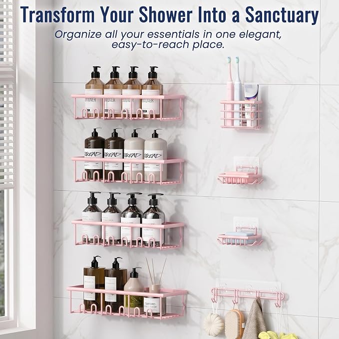 8 Pack Adhesive Rustproof Shower Caddy with Soap Dishes, Toothbrush Holder & Hooks, Large Capacity No-Drilling Shower Shelves Rack for Bathroom Organizers and Storage Accessories, Pink