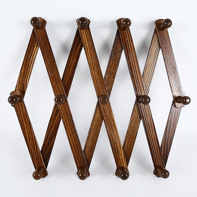AMAPON Accordion Wall Hanger Expandable Coat Hat Rack 13Peg (Walnut) 2 Pack | Hang Hats Jackets Coffee Mug Purses Necklaces Towels Cap Leash Scarves Data Line Kitchenware