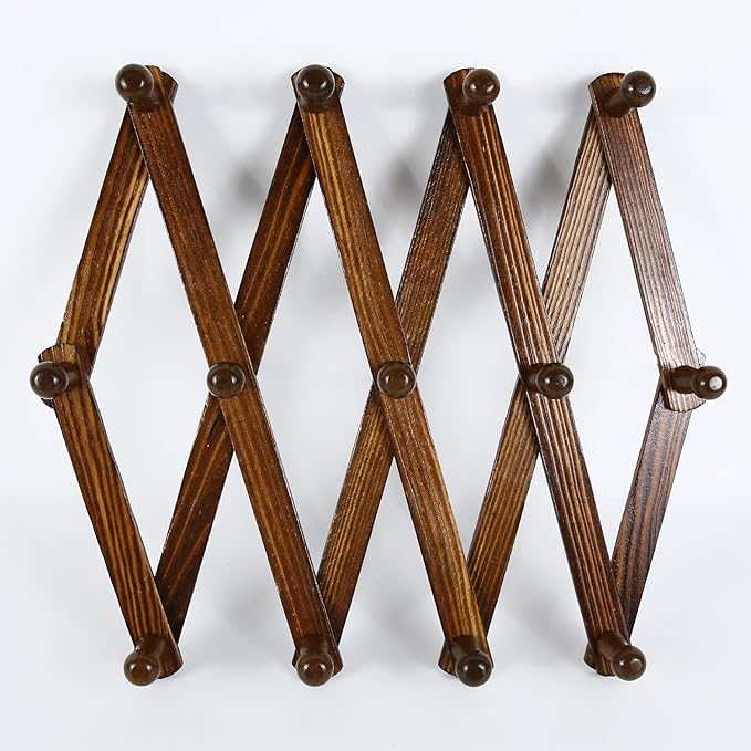 AMAPON Accordion Wall Hanger Expandable Coat Hat Rack 13Peg (Walnut) | Hang Hats Jackets Coffee Mug Purses Necklaces Towels Cap Leash Scarves Data Line Kitchenware