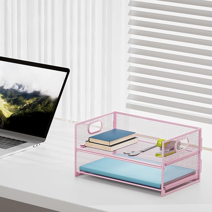 Marbrasse 2 Tier Paper Organizer Letter Tray, Mesh File Organizer with Handle, Paper Sorter Desk Organizer for Home Office Supplies - 2P Pink