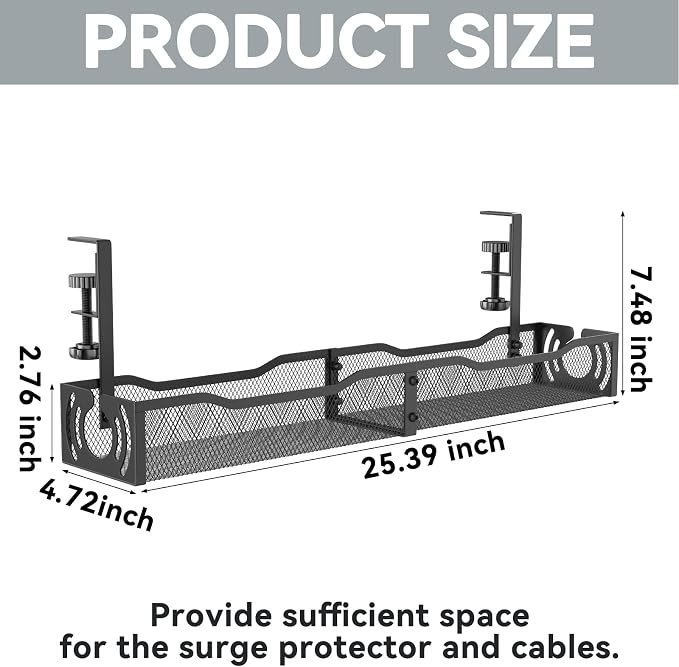 Cable Management, 25.3'' Under Desk Cable Management Tray No Drill | Metal Cable Organizer with Clamp for Wire Management, Cord Organizer for Home Office, Desk Accessories Organizer, Black