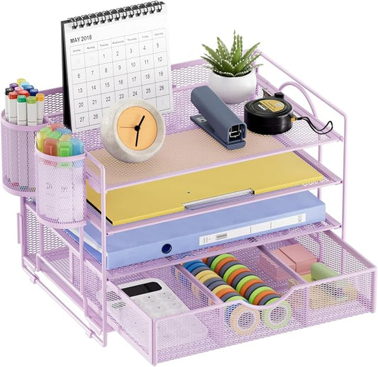 Marbrasse Desk Organizer, 4-Tier Paper File Letter Tray, Purple | Sturdy Paper Tray, File Holder, Built-in Drawer, 2 Pen Slots, fits Letters/Files, for School Home Office Supplies