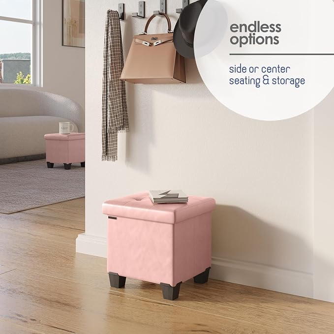 Storage Ottoman Cube with Small Bin, 15-in Square Ottoman with Storage for Living Room and Bedroom, Small Ottomans Foot Rest, Leather Foot Stools Ottomans Max 330lbs, Pink