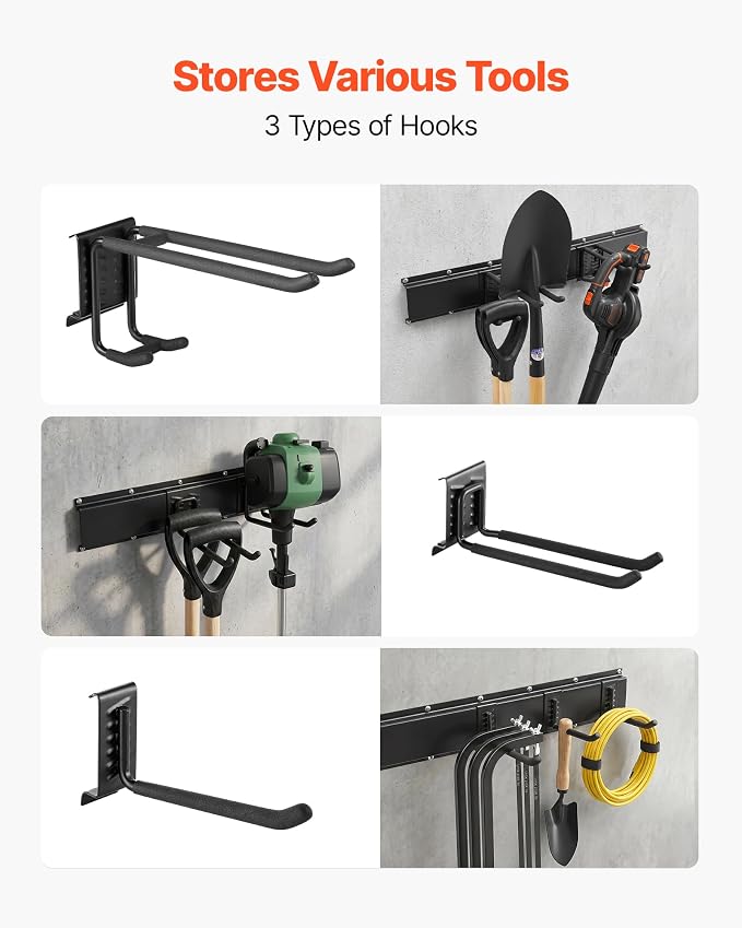 VEVOR Garage Tool Organizer 66 Inch 800 lbs Wall Mount Garden Tool Rack, Heavy Duty Garage Hanging Storage Rack Organization with 4 Rails and 10 Adjustable Hooks, for Yard Tools, Shovel, Rake, Shed