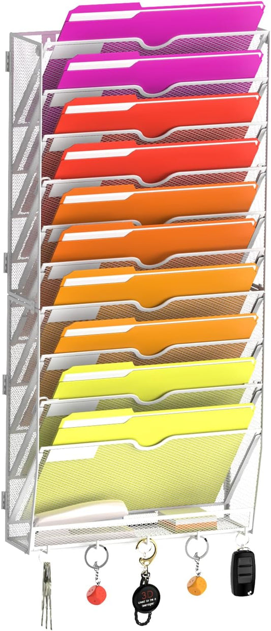 11-Tier Wall File Organizer with Base and Hooks, Hanging Organizer, White | Wall Organizer and Wall File Holder with 11 Vertical Pockets and Bottom Tray for Files, Mail, Folders, Magazines and Paper