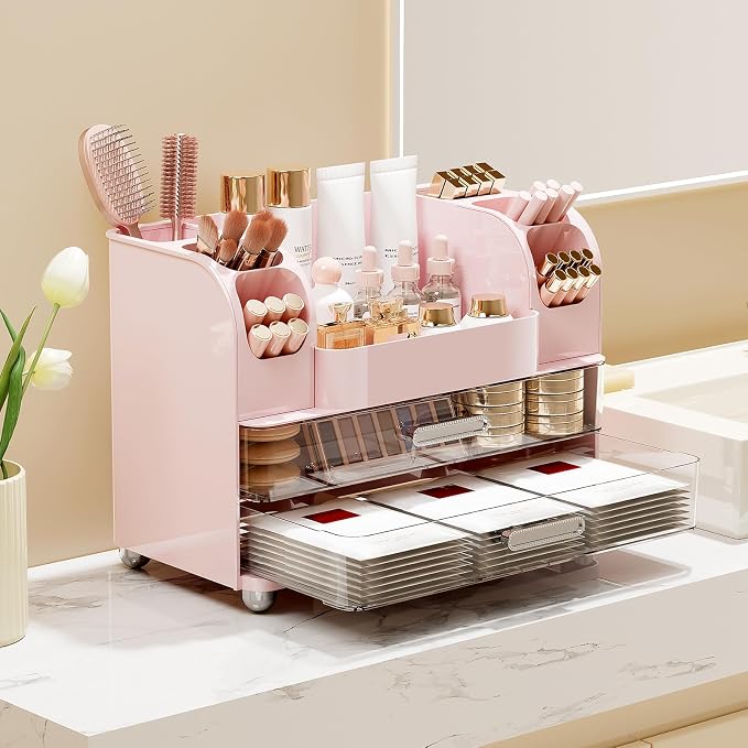 UFORU Makeup Organizer Countertop with 2 Large Drawers for Vanity Bathroom | Brush Holder, Large Capacity, Thickened Plastic, Compact Footprint, Space-Saving Design, Easy Clean, Ideal for Dorm Rooms