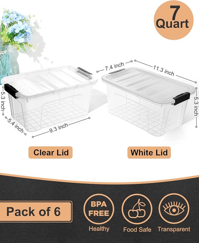EOENVIVS Plastic Storage Bins with Lids 6 Pack, 7 Quart Storage Containers With Black Buckle Latch, Stackable Storage Organizers for Home Pantry Office Classroom Organization, Clear