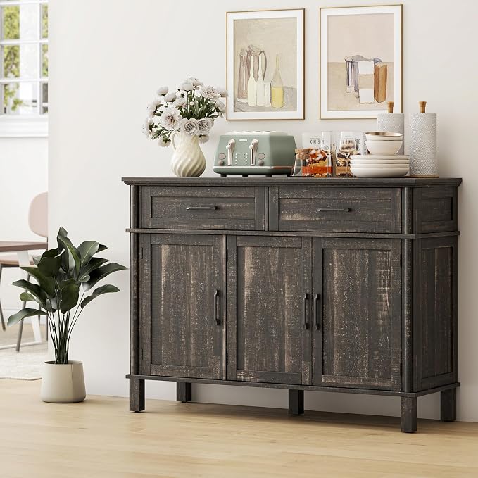 48 Inches Buffet Cabinet with Storage, Farmhouse Sideboard Buffet w/2 Drawers and 3 Doors, Wood Coffee Bar Cabinet with Adjustable Shelves, Sideboard Storage for Kitchen, Living Room, Rustic Brown