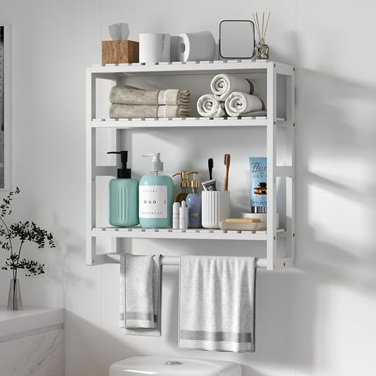 Galood Over The Toilet Storage Bathroom Shelves Wall Mounted 3 Tier Space Saver Corner Shelf Organizer Bamboo Towel Rack Toilet Paper Cabinet with Hanging Rod White