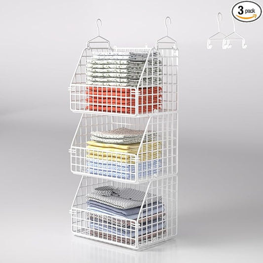 PUPPYCUTE Hanging Closet Organizer and Storage, Clothes Hanging Shelves Wire Baskets for Clothing Sweaters Purse Handbags Shoes White 3 Tier