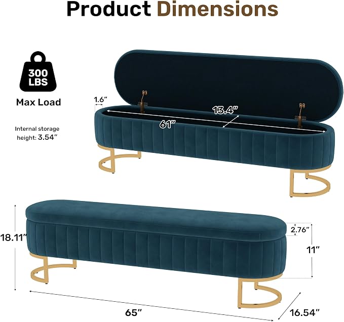 65" Velvet Storage Ottoman Bench End of Bed for Bedroom Entryway Dark Blue