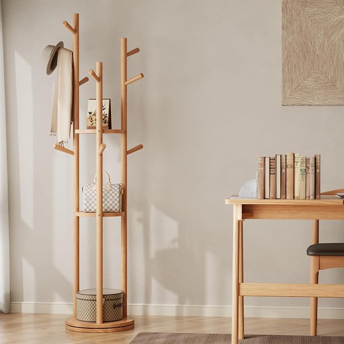 Muwuele Solid Wood Rotary Coat Rack, Freestanding Coat Rack with 3 Shelves and 9 Hooks, Coat tree for Bedroom, Entryway, Livingroom, Coat Hanger Stand for Coats, Scarves, Handbags (Natural)