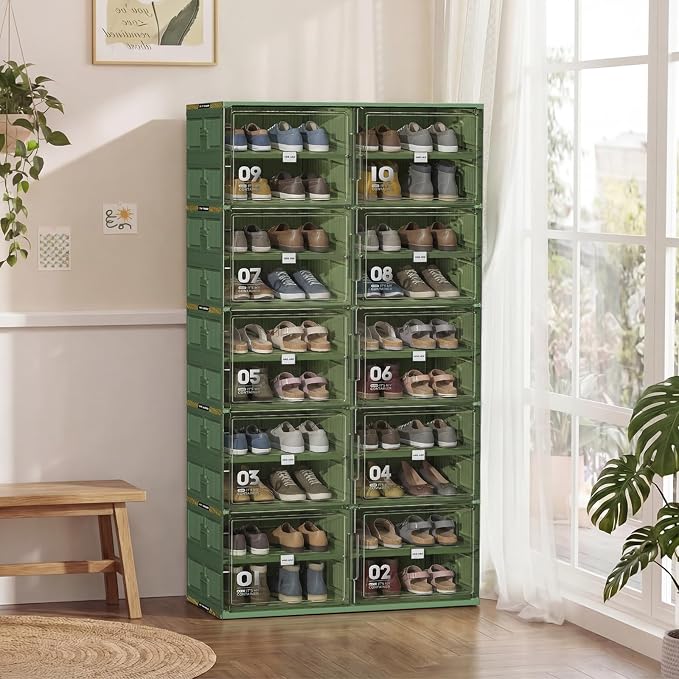 JEKO&JEKO 8 Tiers Green Foldable Shoe Rack Organizer for Entryway, Outdoor Front Door Shoe Storage Cabinet, Large Collapsible Shoe Box with Magnetic Doors, Holds Up to 32 Pairs