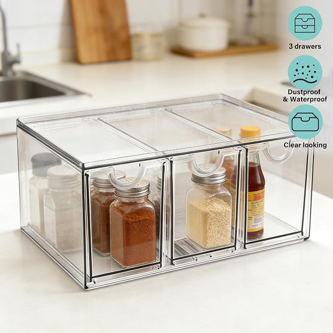 Prsildan Acrylic Makeup Organizer Stackable Storage Drawers with 3 Drawers for Office Desk Vanity Craft Room Clear Drawer Organizers for Hair Accessories Art Supplies Cosmetics Modular System