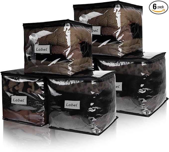 Clear Zippered Plastic Clothes Storage Bags, 6 Pack, Black | Clear Storage Bags with Zipper Plastic Storage Bags for Clothes Sweaters Blankets Sheets, Size: 12 x 12 x 12 Inch