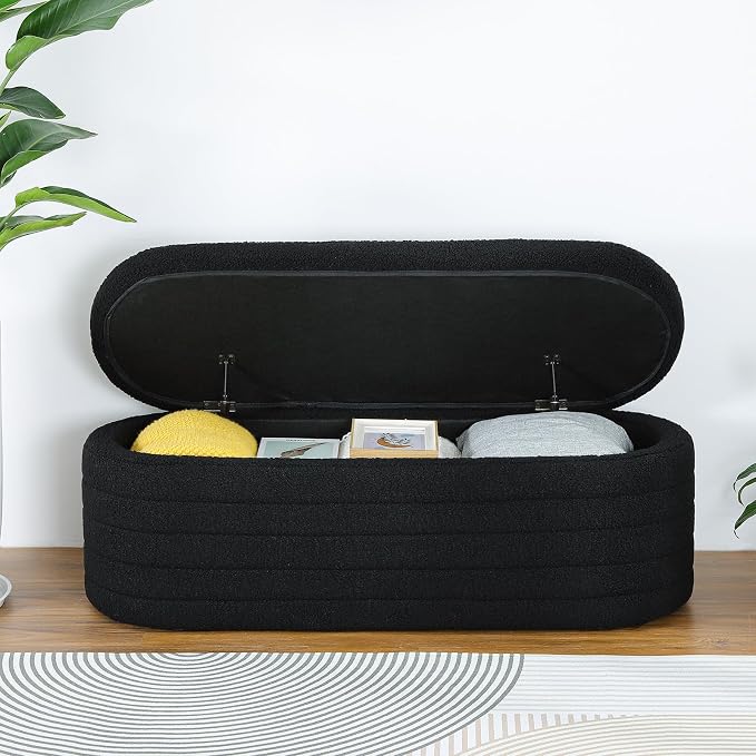 45.5" Black Ottoman with Storage, Sherpa | Upholstered Oval Design, Safety Hinge Lid, end of bed storage bench, Bedroom & Living Room, Entryway