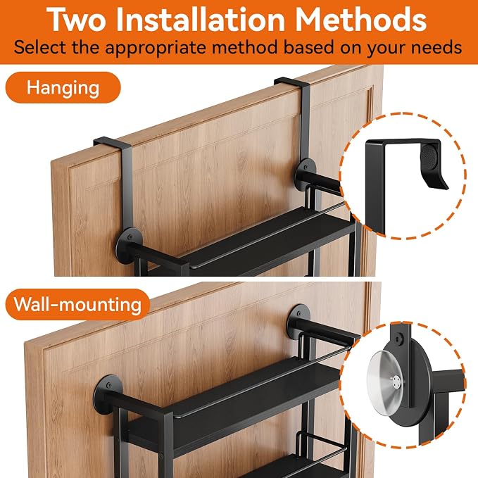 IBUYKE Over the Door Spice Organizer,Door or Wall Mount,Black TLJ028B | 6 Tier Wall Mounted Spice Rack Adjustable Hanging Storage Shelves Spice Organization for Kitchen cabinet Bathroom Closet