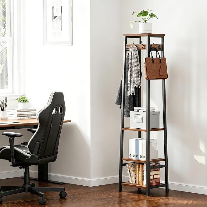 Coat Rack Freestanding with 3 Shelves and 7 Hooks | Coat Stand, Hall Tree Free Standing, Clothes Rack Stand Organizer, Industrial Style, Rustic Brown and Black