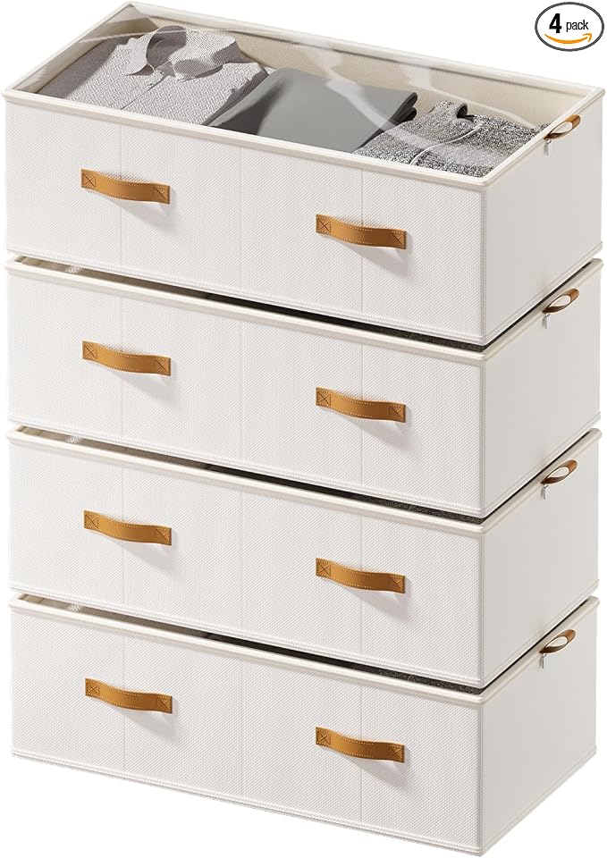 FHSQX 4 Pack Under Bed Storage Bins,10 Inch Tall,White, 31.5x15.8x10 inch | Clear Window, For Closet, Bed Sheets and Blankets